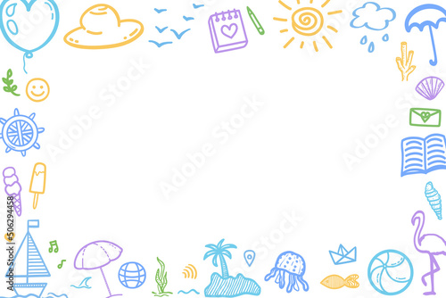 Hand drawn colored holiday elements. Colorful sketchy doodles. Summer holidays. Vacation trip