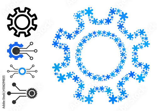Mosaic contour gear pictogram is organized for winter, New Year, Christmas. Contour gear icon mosaic is constructed of light blue snowflakes. Some similar icons are added.
