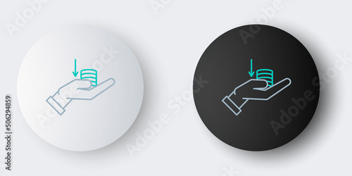 Line Money on hand icon isolated on grey background. Palm holds cash with down. Cash salary decrease. Colorful outline concept. Vector