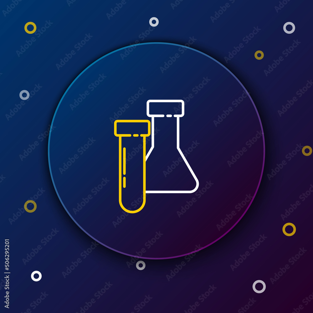 Line Test tube and flask chemical laboratory test icon isolated on blue background. Laboratory glassware sign. Colorful outline concept. Vector Line Test tube and flask chemical laboratory test icon isolated on blue background. Laboratory glassware sign. Colorful outline concept. Vector