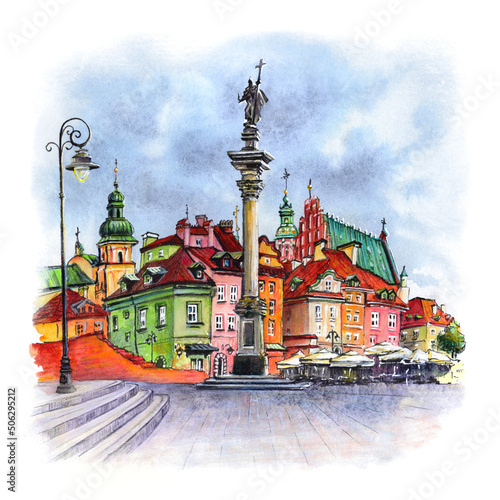 Watercolor sketch of Castle Square in Warsaw Old town, Poland.