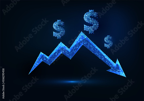 Futuristic recession, financial crisis concept with glowin down arrow chart and dollar sign 