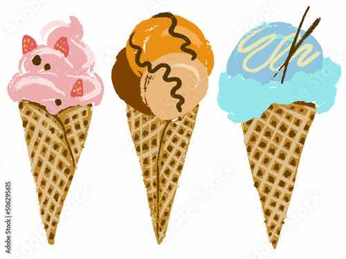 Three colorful ice cream waffle cones. Vector clip art set isolated on white