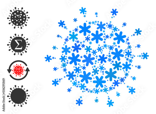 Mosaic coronavirus icon is created for winter, New Year, Christmas. Coronavirus icon mosaic is done of light blue snowflakes. Some bonus icons are added.