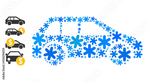 Mosaic car icon created for winter, New Year, Christmas. Car icon mosaic is created of light blue snow elements. Some bonus icons are added.