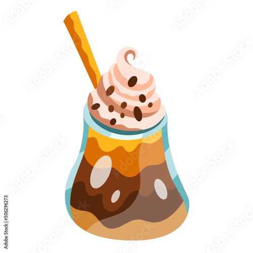 Vector illustration of a coffee cocktail. Delicious drink in a glass with a straw. Blue, orange, brown, beige, yellow colors. Hand drawn cartoon flat vector illustration