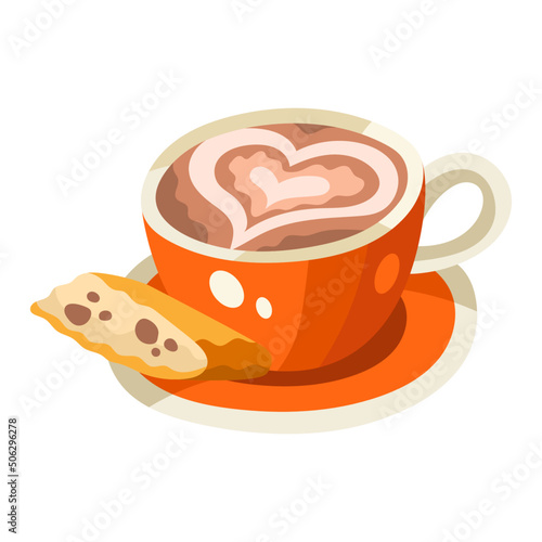 Vector illustration of a coffee cappuccino. Delicious drink in orange cup with biscotti cookie. Orange, brown, beige, yellow colors. Hand drawn cartoon flat vector illustration