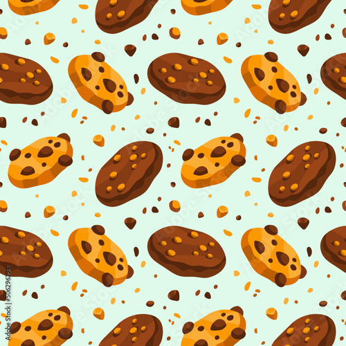 Seamless pattern with chewy chocolate cookies with chips and crumbs. Beige, brown, light mint blue colors. Hand drawn flat vector illustration