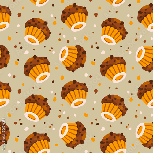 Seamless pattern with chewy chocolate cookies with chips and crumbs. Beige, brown, light mint blue colors. Hand drawn flat vector illustration