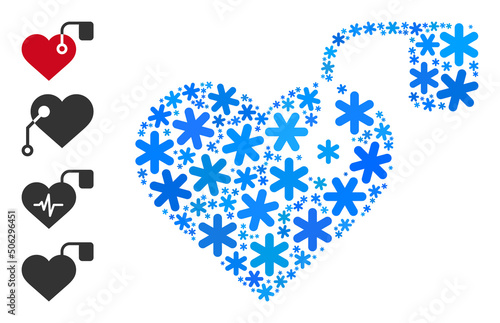 Composition heart pacemaker icon is designed for winter, New Year, Christmas. Heart pacemaker icon mosaic is made from light blue snow flakes. Some bonus icons are added.