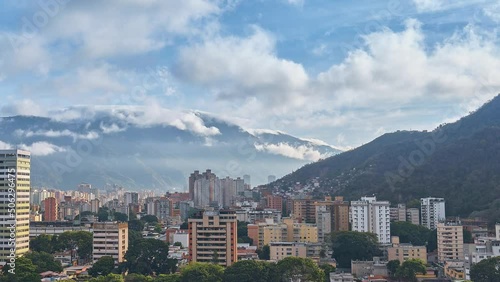 Panoramic timelapse of Caracas, sunrise views with clouds, Humboldt hotel and Avila in the background, capital district, Caracas - Venezuela.
