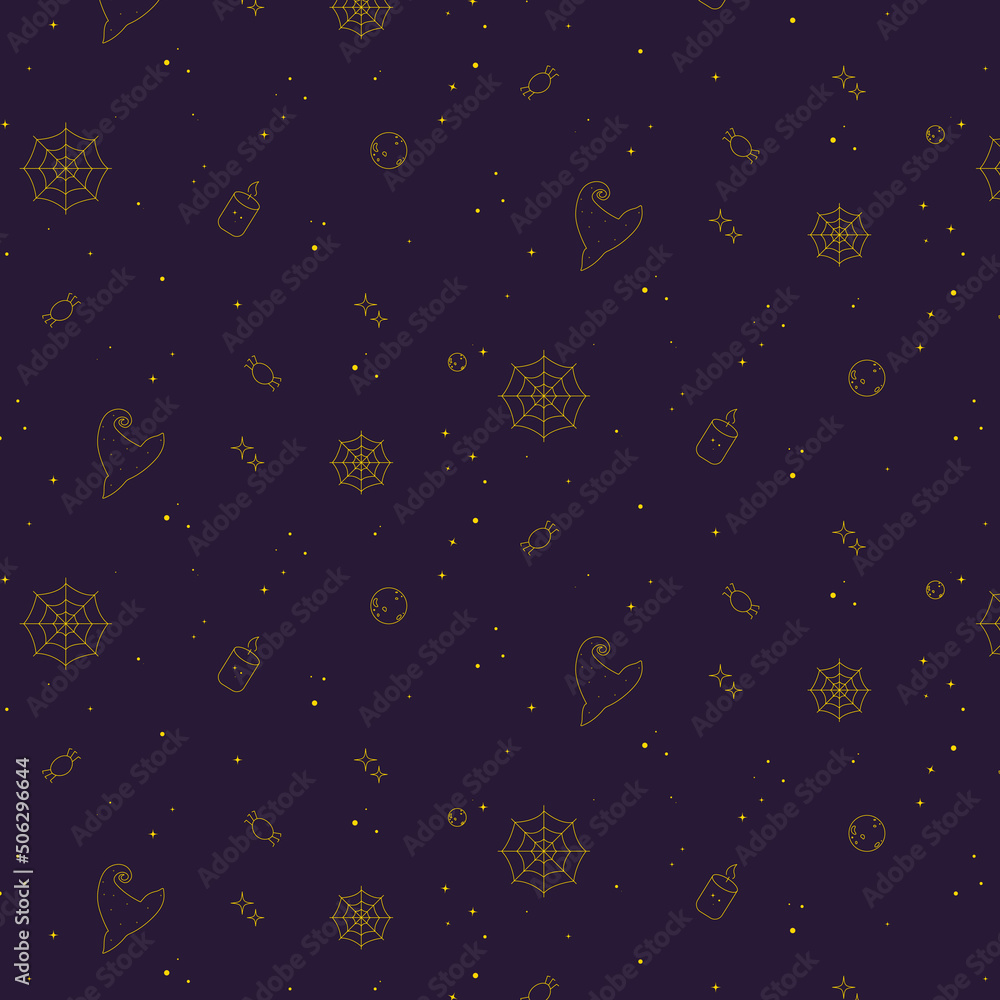 Seamless pattern with elements of magic: magic hat, candle, stars, planet, spider, web. Decoration: packages, clothes, things, postcards. Seamless pattern with elements of magic: magic hat, candle, stars, planet, spider, web. Decoration: packages, clothes, things, postcards.