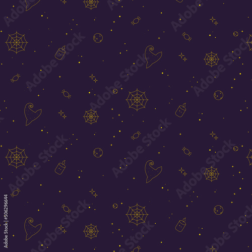 Seamless pattern with elements of magic: magic hat, candle, stars, planet, spider, web. Decoration: packages, clothes, things, postcards.