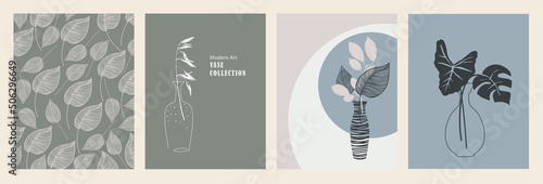 Modern art background design, minimal vase and floral pattern set or collection in blue gray and pink color palette. Large exotic leaves and plants in flower arrangement. Modern abstract art prints.
