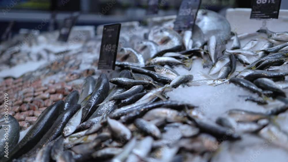 Fish on ice on a supermarket shelves Fish on ice on a supermarket shelves