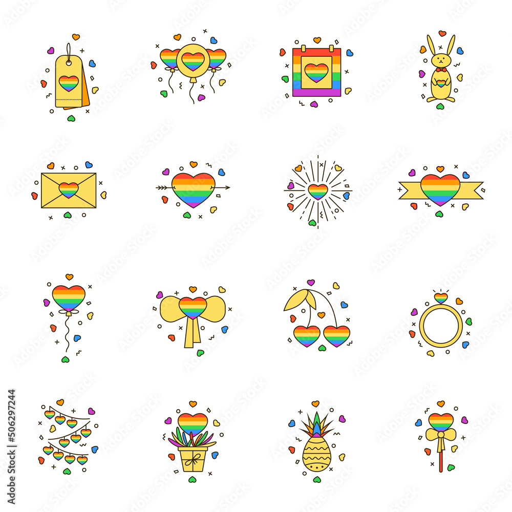 Collection of LGBT love rainbow line icons: heart, wedding ring, envelope, balloon, etc. Pride day vector illustrations. Gay, lesbian and equality support graphic objects.