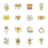 Collection of LGBT love rainbow line icons: heart, wedding ring, envelope, balloon, etc. Pride day vector illustrations. Gay, lesbian and equality support graphic objects.