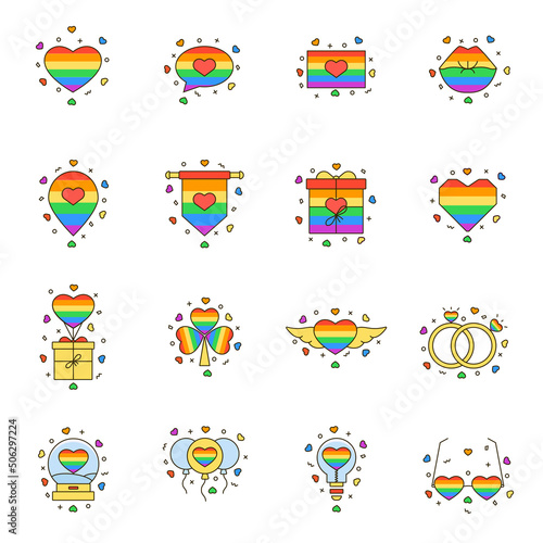 Set of LGBT love rainbow line icons: flag, heart, wedding ring, gift, etc. LGBTQ Pride month celebration vector illustrations. Graphic elements of gays and lesbians, sexual minorities support. © Zore_M