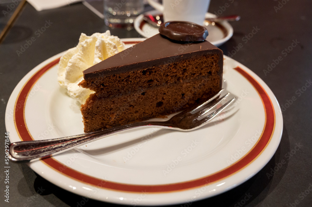 Piece of famous Sachertorte chocolate cake with apricot jam of Austrian origin served with whipped cream Piece of famous Sachertorte chocolate cake with apricot jam of Austrian origin served with whipped cream