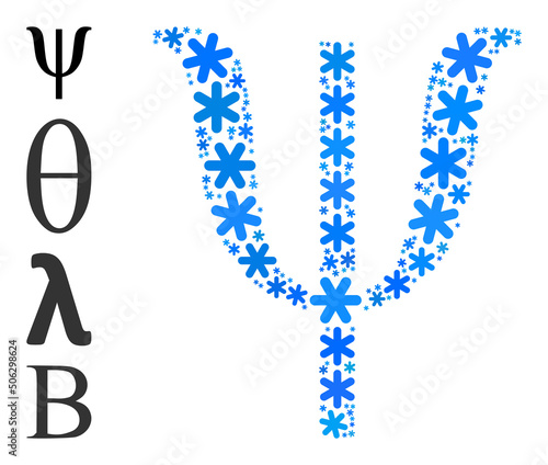 Fototapeta Naklejka Na Ścianę i Meble -  Mosaic Psi Greek lowercase letter icon is designed for winter, New Year, Christmas. Psi Greek lowercase letter icon mosaic is designed from light blue snow icons. Some bonus icons are added.