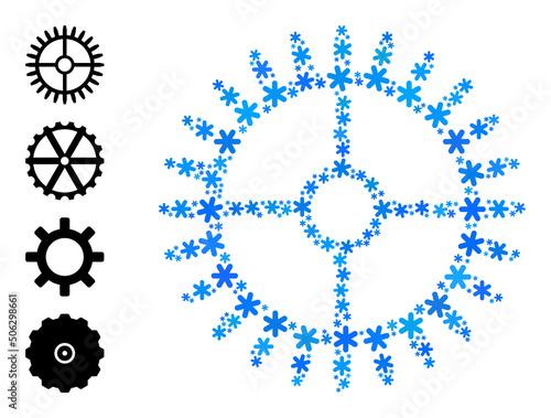 Collage clock gearwheel icon created for winter, New Year, Christmas. Clock gearwheel icon mosaic is formed from light blue snow icons. Some bonus icons are added.