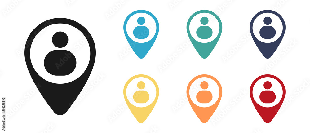 Person, human, man concept vector icon set, label on the map. Set of multicolored icons. Illustration Person, human, man concept vector icon set, label on the map. Set of multicolored icons. Illustration