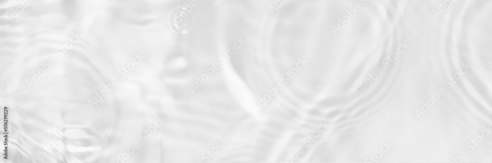 Water texture with sun reflections on the water overlay effect for photo or mockup. Organic light gray drop shadow caustic effect with wave refraction of light. Long banner with copy space