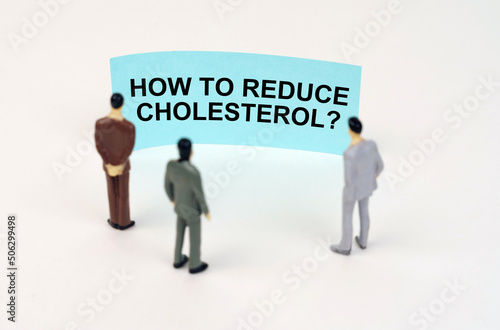 Miniature figures of people stand in front of a blue sign with the inscription - How to Reduce Cholesterol