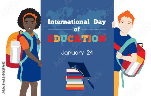 International Day of Education, 24 January vector poster. Diverse happy school kids, redhead boy and african american girl stand holding banner, stack of books, world map. Isolated at white background