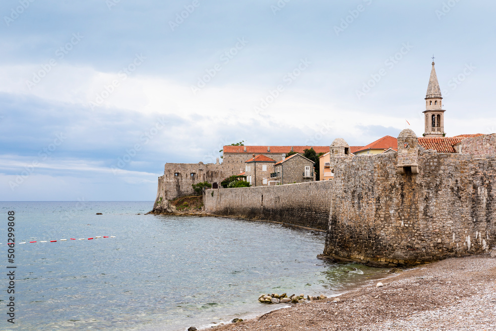 Old town Budva. Ancient walls of old town Budva, Montenegro, Europe. Luxury travel destination at Adriatic sea