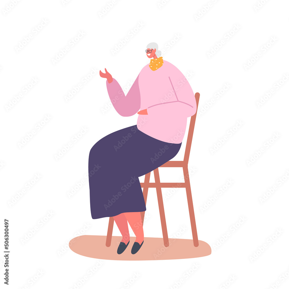 Fototapeta premium Senior Smiling Lady Sitting on Chair at Home, Old Female Character Having Leisure, Sparetime, Relaxing or Chatting
