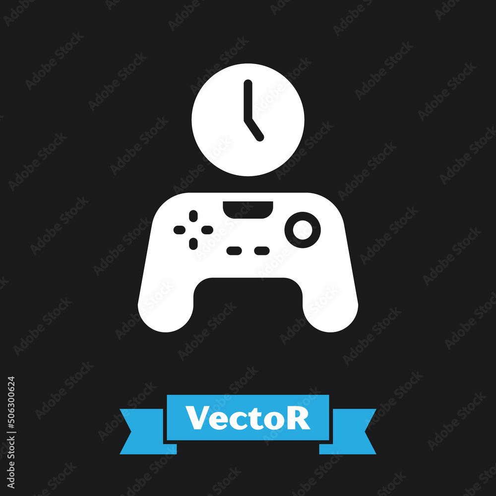 White Gamepad of time icon isolated on black background. Time to play games. Game controller. Vector White Gamepad of time icon isolated on black background. Time to play games. Game controller. Vector