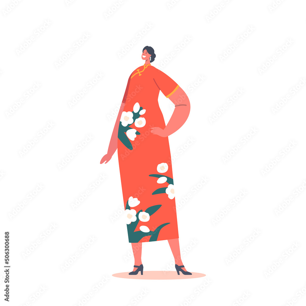 Asian People Concept. Positive Female Character Wear Modern Red Kimono Traditional Clothes Isolated on White Background Asian People Concept. Positive Female Character Wear Modern Red Kimono Traditional Clothes Isolated on White Background