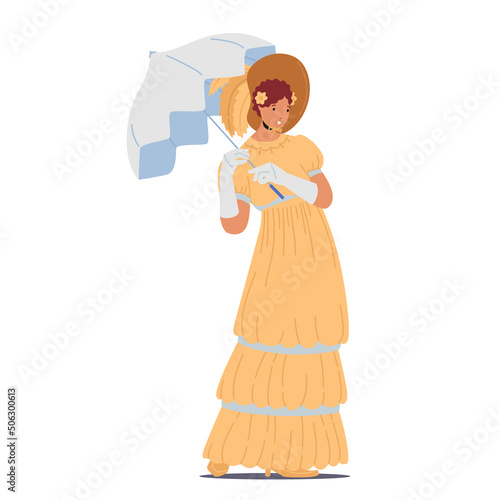 19th Century Lady Wear Elegant Gown, Umbrella and Hat Isolated on White Background. Victorian English or French Woman photo