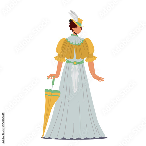 Elegant Lady in Beautiful Vintage Dress, 19th Century Fashion, Victorian English or French Woman Wear Long Gown and Hat
