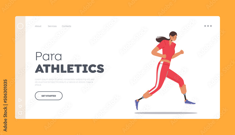 Para Athletics Landing Page Template. Active Amputee Woman Run Marathon. Disabled Sportswoman with Amputated Limbs