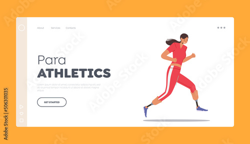 Para Athletics Landing Page Template. Active Amputee Woman Run Marathon. Disabled Sportswoman with Amputated Limbs