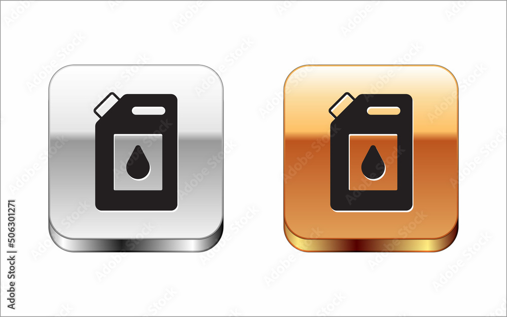 Black Canister for motor machine oil icon isolated on white background. Oil gallon. Oil change service and repair. Engine oil sign. Silver and gold square buttons. Vector Black Canister for motor machine oil icon isolated on white background. Oil gallon. Oil change service and repair. Engine oil sign. Silver and gold square buttons. Vector