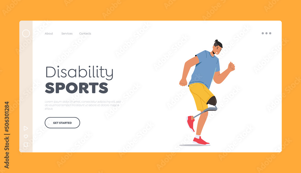 Disability Sports Landing Page Template. Invalid Sportsman Character Run Marathon, Cheerful Amputee Man Training Disability Sports Landing Page Template. Invalid Sportsman Character Run Marathon, Cheerful Amputee Man Training