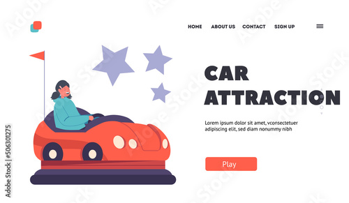 Little Girl Character Riding Bumper Car in Amusement Park Landing Page Template. Child Relax in Carnival Attraction
