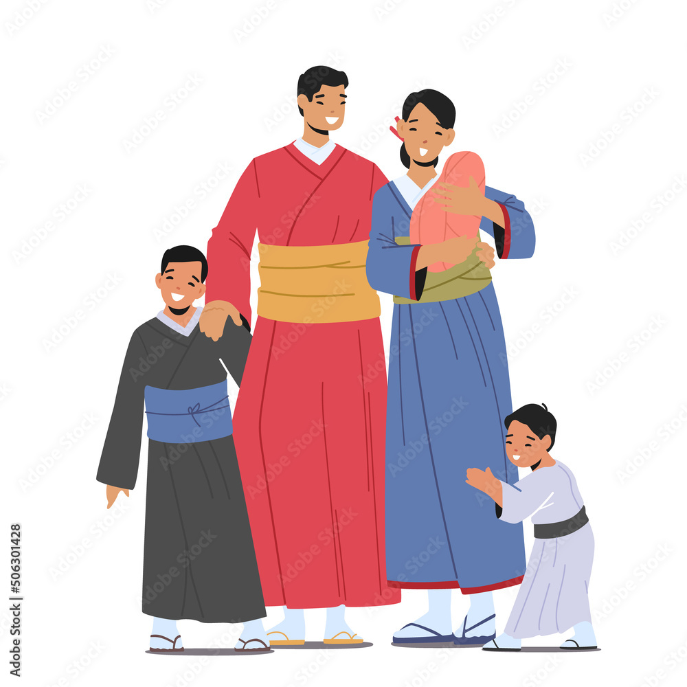Happy Asian Family Parents and Kids Wear Traditional Kimono. Smiling Mother with Baby on Hands, Father and Children Happy Asian Family Parents and Kids Wear Traditional Kimono. Smiling Mother with Baby on Hands, Father and Children