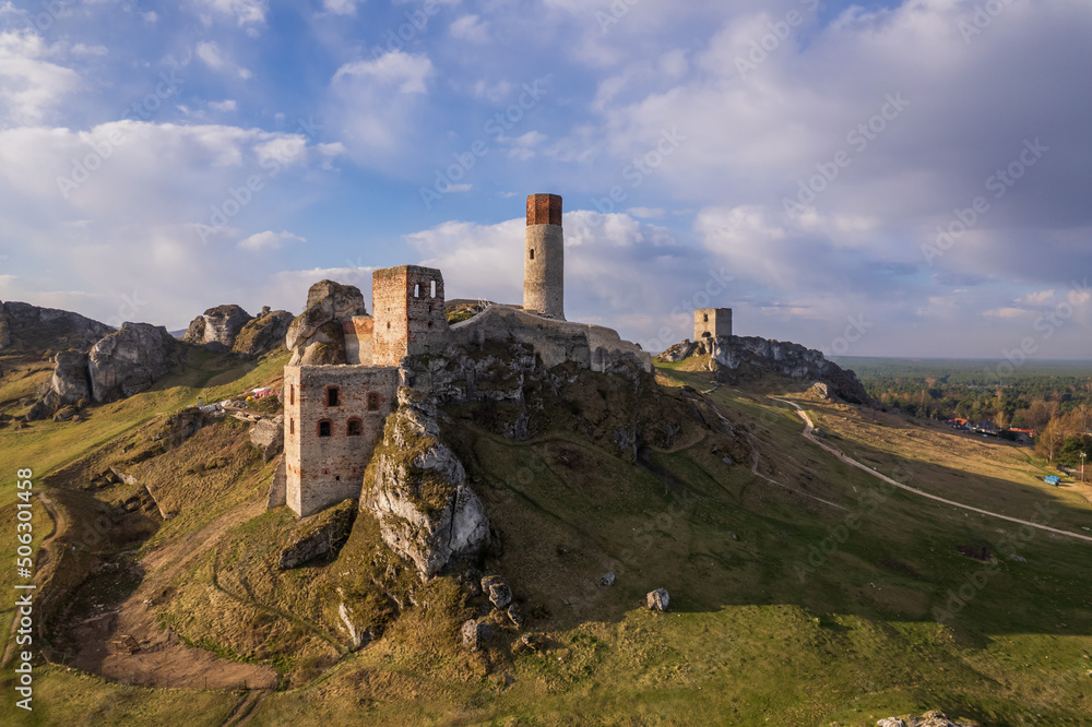 Aerial view of castle ruins in Olsztyn in Poland