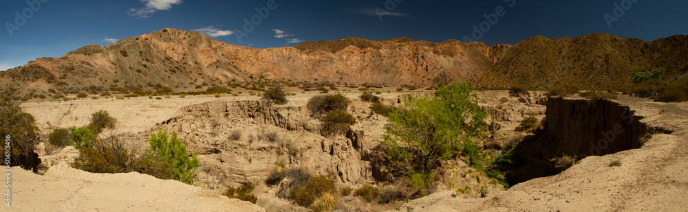 Desert landscape. Panorama view of the sandstone formations, canyon, rocky mountains, yellow sand and cliffs in Pampa del Leoncito park in San Juan, Argentina. 