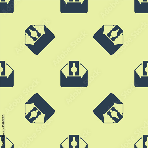 Blue Donate or pay your zakat as muslim obligatory icon isolated seamless pattern on yellow background. Muslim charity or alms in ramadan kareem before eid al-fir. Vector