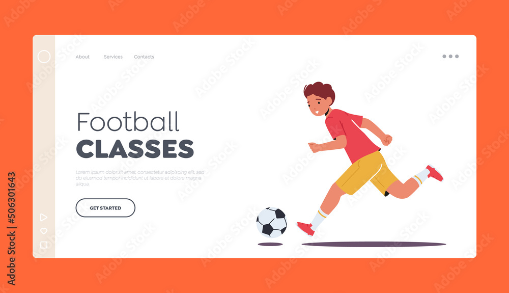 Football Classes Landing Page Template. Little Boy Run with Soccer Ball Playing on Stadium. Kid Practicing Football Game Football Classes Landing Page Template. Little Boy Run with Soccer Ball Playing on Stadium. Kid Practicing Football Game