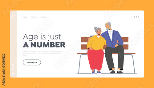 Old Man and Woman Landing Page Template. Oldies Sitting on Bench, Hugging. Elderly Male and Female Characters Spend Time