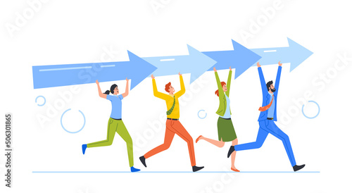 Business Men and Women Teamwork. People Carry Huge Arrow. Team Moves to Success and Improvement, Sharing Business Goal