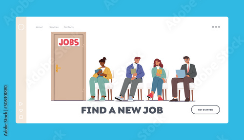 Applicants with Cv Documents Hiring Work Landing Page Template. People Waiting Interview Sitting in Office Hall on Chair