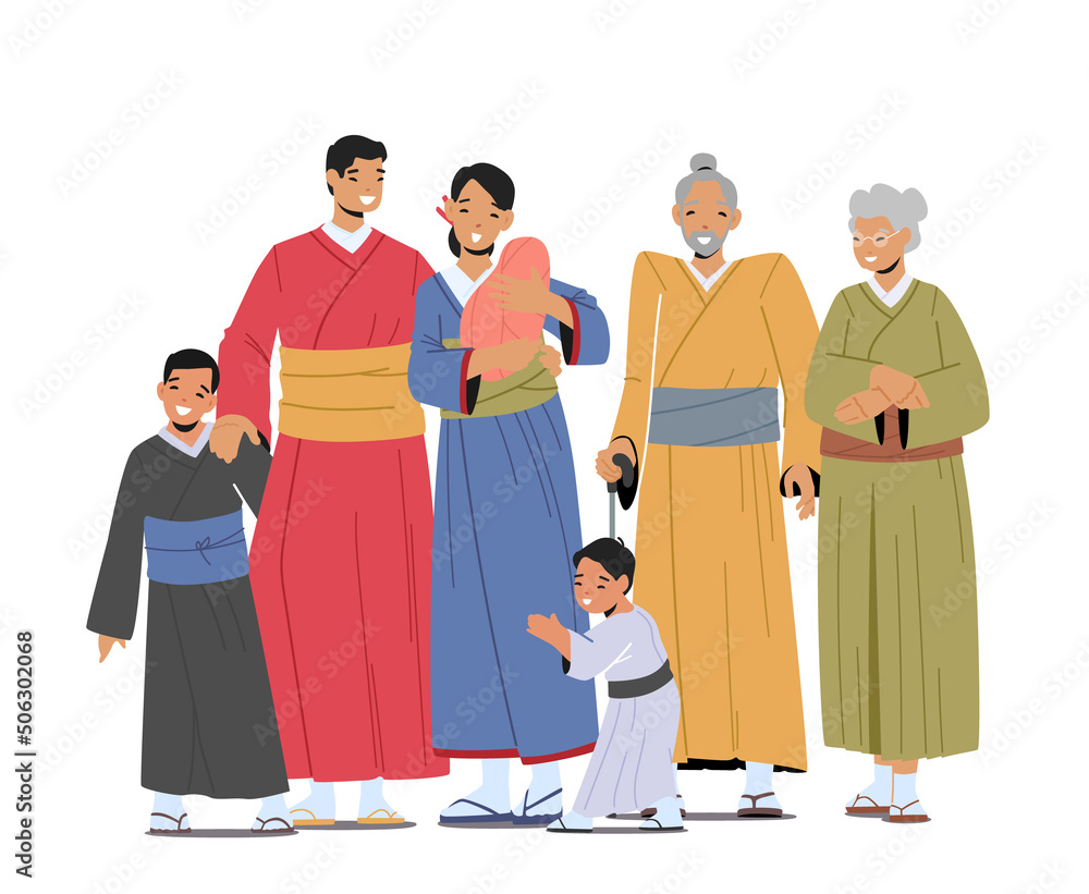 Happy Asian Family, Smiling Young and Old Male and Female Characters. Parents, Grandparents and Kids Wear Kimono Dresses