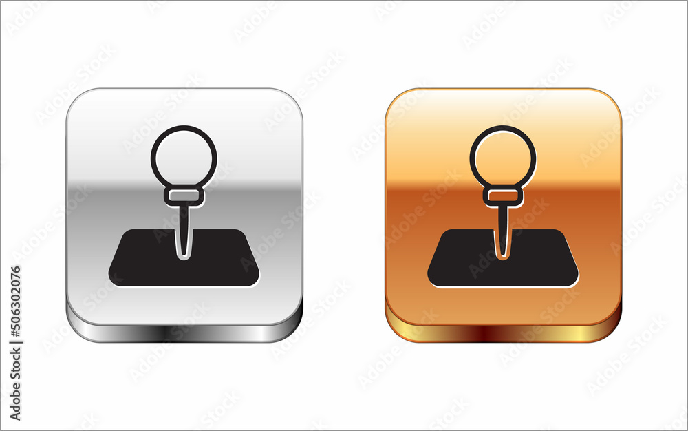 Black Push pin icon isolated on white background. Thumbtacks sign. Silver and gold square buttons. Vector Black Push pin icon isolated on white background. Thumbtacks sign. Silver and gold square buttons. Vector